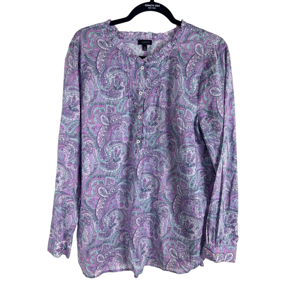 Talbots XL Paisley Blouse 100% Cotton Purple Pink Aqua Long Sleeve Ruffle